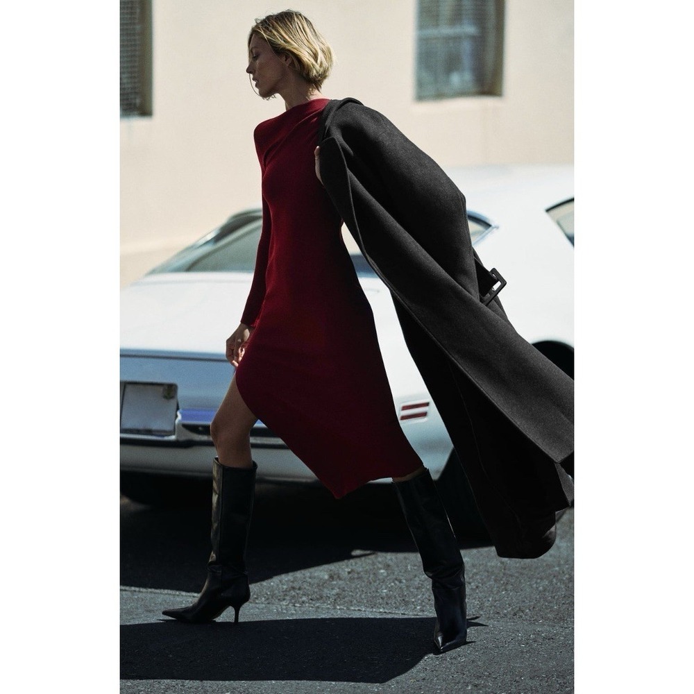 ZARA Burgundy Asymmetrical Midi Dress S Long Sleeve Bodycon Chic - Picture 2 of 9